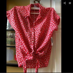 Old Navy Red Linen Blend Floral Tie Front Top Short Sleeves Large NWT
